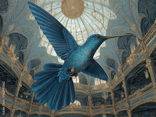 Blue and Gold Mechanical Hummingbird in Ornate Palace Interior