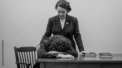 A stern businesswoman looks down at a dejected employee slumped over a desk in a stark office setting, conveying workplace pressure and emotional distress