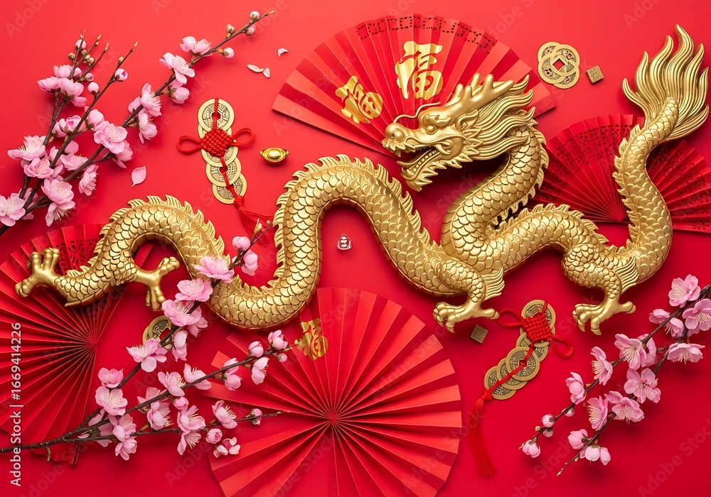 Obraz premium Golden dragon with red fans and cherry blossoms