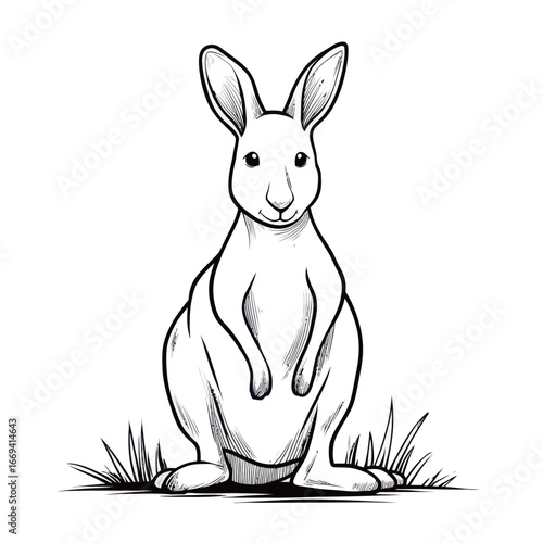 A rabbit stands upright, showcasing its curious expression while surrounded by blades of grass. The sketch highlights the rabbit's features in an artistic style.