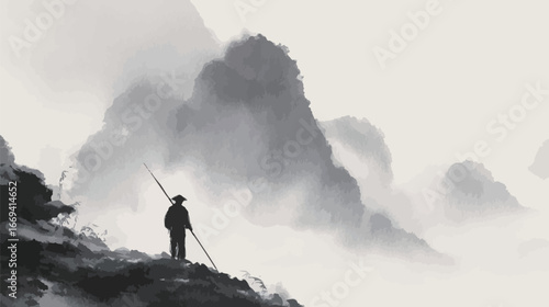 A lone figure holding a spear stands on a rocky edge, surrounded by rolling fog and towering mountains. The scene captures a peaceful yet mysterious atmosphere, evoking a sense of exploration.