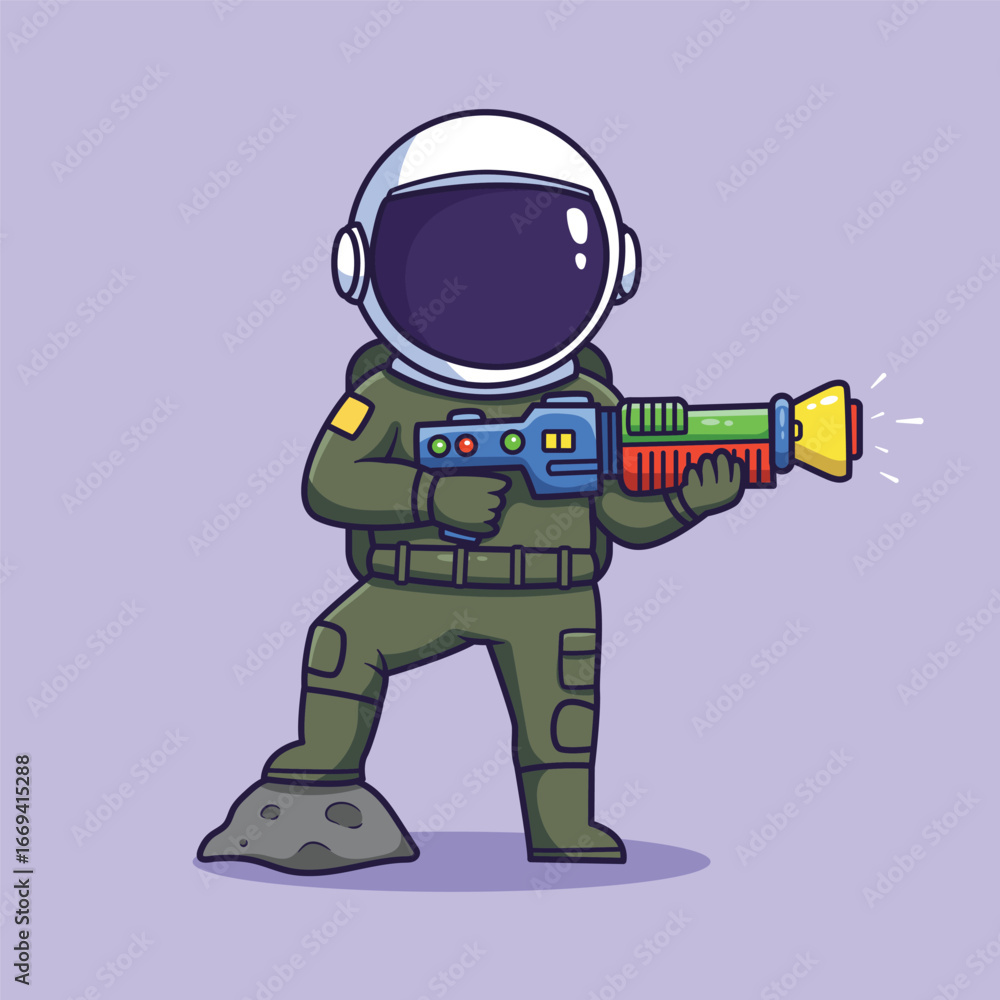 Fototapeta premium cute Astronaut with Toy Laser Gun on Lilac Background . vector illustration