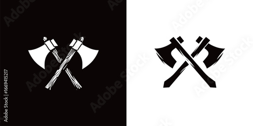 A striking design featuring two crossed axes on a black background and two more on a white background, symbolizing strength, resilience, and skilled craftsmanship.