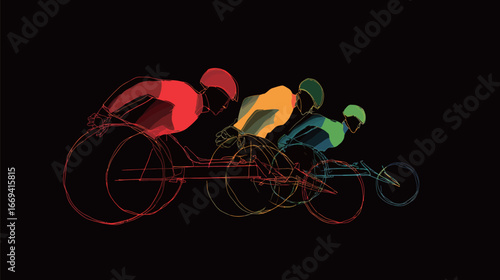 Four athletes race in wheelchairs, each wearing different colorful uniforms. The striking lines emphasize speed and competitive spirit in a vibrant atmosphere, highlighting strength and determination.