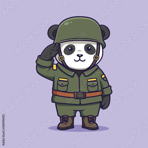 Military cute Panda Cartoon Saluting Ready for Action. Vector illustration