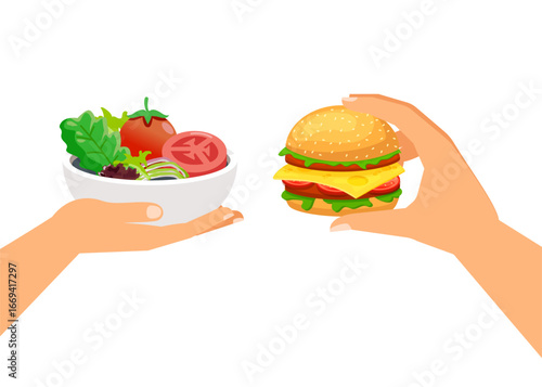 Food choice. Healthy and junk eating. Diet decision concept and nutrition. Stock illustration