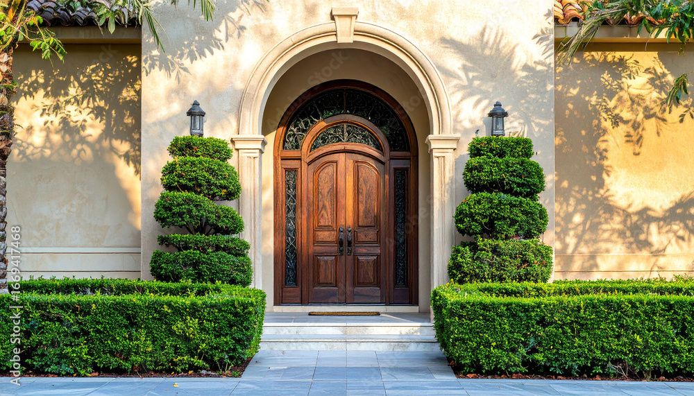 Fototapeta premium Elegant mansion entrance with arched doorway and hedges, showcasing architectural luxury in afternoon light. 