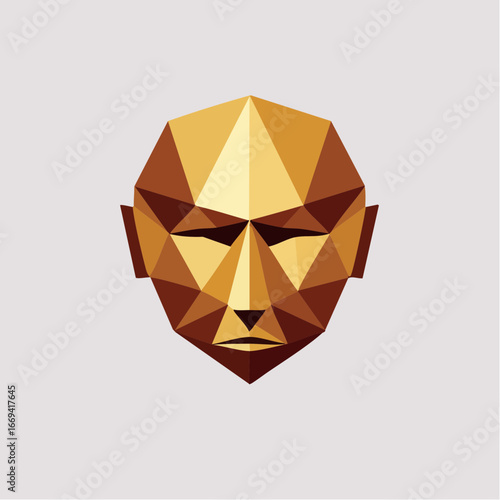 Geometric golden mask, abstract face, low-poly design, serene expression.