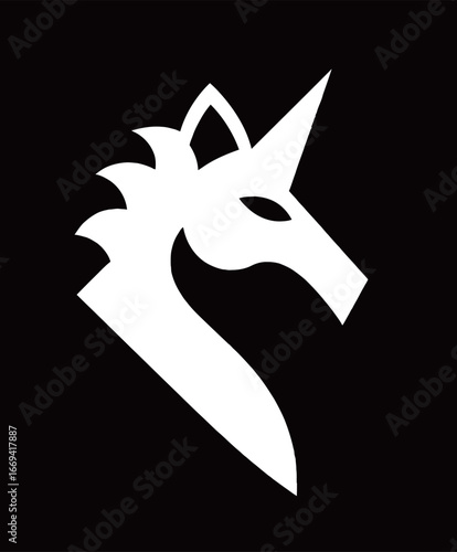 A striking unicorn head silhouette in white, set against a solid black background. This design is ideal for artistic endeavors, logos, and fantasy themes, showcasing uniqueness and creativity.