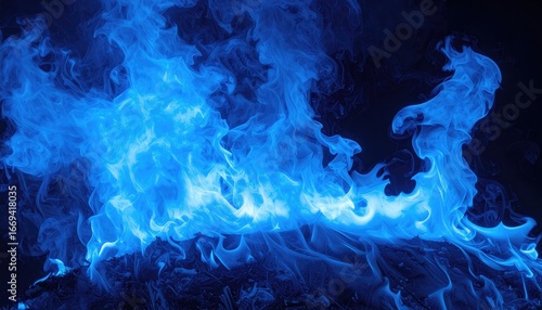 Vivid blue flames dance and swirl against a dark background.