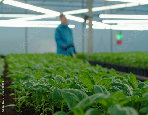 Lush green seedlings in rows under bright indoor lights, a person blurred in the background
