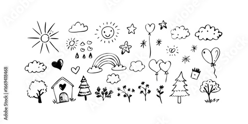 Hand drawn doodle set collection of sketch design elements, sun, cloud, star, heart, rainbow, tree, house, flower, plant