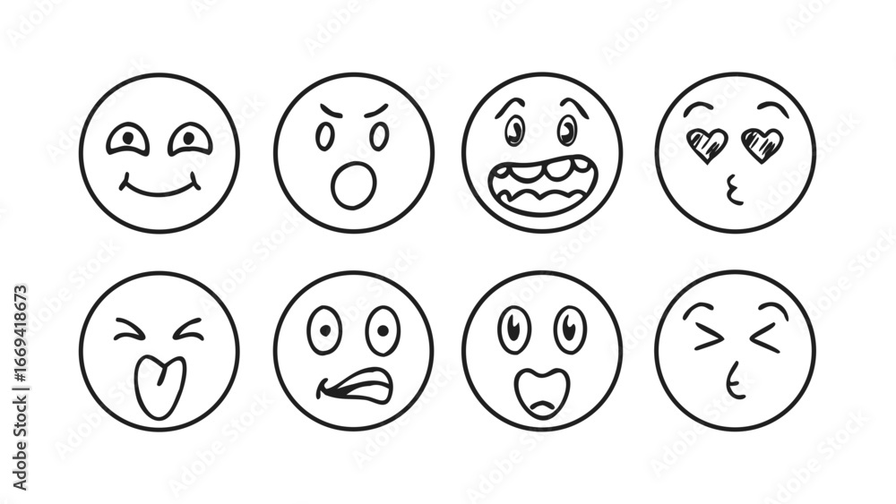 Set of handdrawn emoji faces expressing various emotions collection of cartoon character icons with different expressions Set of handdrawn emoji faces expressing various emotions collection of cartoon character icons with different expressions