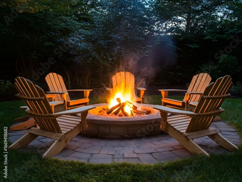 Cozy Backyard Fire Pit with Wooden Adirondack Chairs at Night