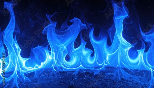 Abstract blue flames burning intensely against a dark background