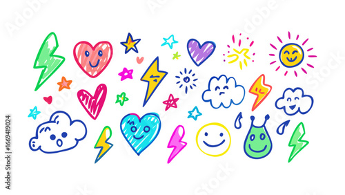 Hand drawn doodle elements featuring hearts, stars, lightning bolts, clouds, suns, and smiley faces in a playful and colorful style