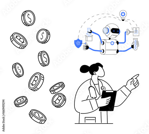 Female doctor with clipboard points at AI robot integrating healthcare, blockchain, and innovation. Ideal for finance, AI, healthcare, technology, blockchain medical advancements automation. Simple