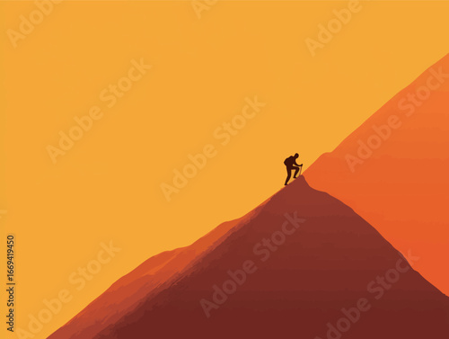 A hiker makes their way up a rugged mountain slope against a vibrant sunset sky. The sun casts a warm glow, highlighting the peaks in the distance during twilight.