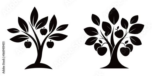 Two stylized silhouettes of trees display prominent leaves and apples. The left tree features three apples, while the right tree has several more. These designs emphasize simplicity and nature.