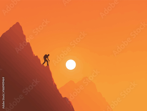 A hiker makes their way up a rugged mountain slope against a vibrant sunset sky. The sun casts a warm glow, highlighting the peaks in the distance during twilight.