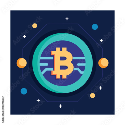 Bitcoin cryptocurrency symbol in digital network digital currency