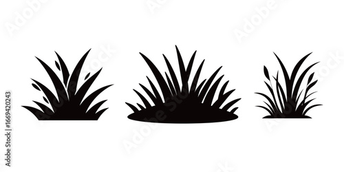 Three different silhouettes of grass displayed in black, showcasing various shapes and heights. Ideal for use in design, nature themes, and creative projects.