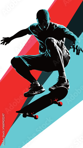 A skateboarder is captured mid-air executing an impressive trick. The vivid backdrop features bold colors that enhance the dynamic movement, showcasing the energy of skateboarding culture.