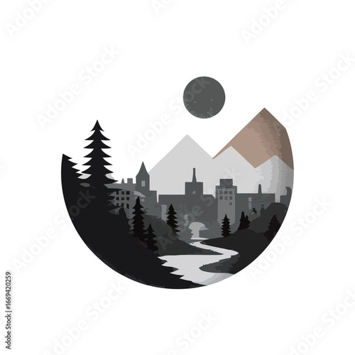 A tranquil village nestled in a valley features stylized mountains and lush trees. A winding river flows through, enhancing the calm ambiance under a softly glowing sun.