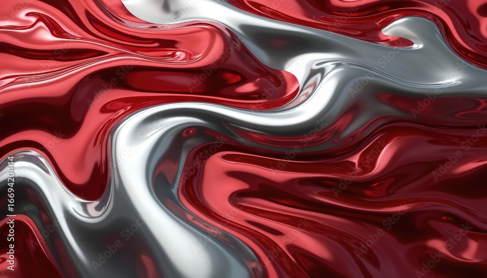 Obraz premium Luxurious abstract background with flowing organic shapes, textures in vibrant red, silver. Shiny metallic surface with smooth, dynamic curves creating modern, elegant, visually striking composition.