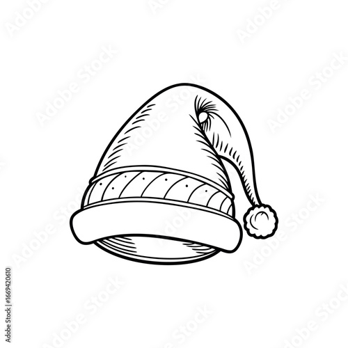 Classic Santa hat drawn in black and white line art design silhouette vector