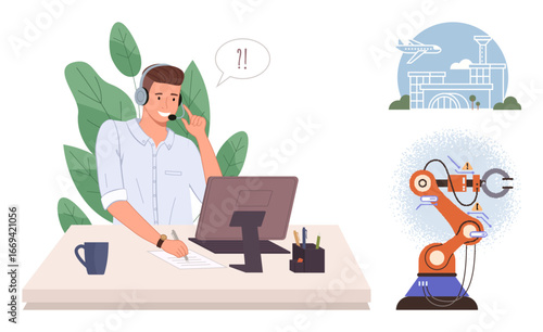 Man with headset assisting clients at computer, robot arm assembling parts, airport in background. Ideal for technology, manufacturing, customer service, logistics, teamwork, innovation simple flat