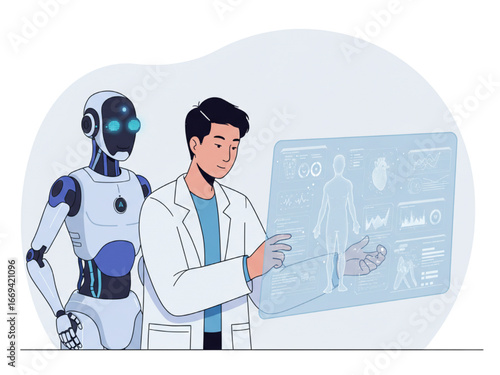 Doctor and Artificial Intelligence Assistant Reviewing Electronic Health Records with Futuristic Holographic Patient Profiles Vector Illustration