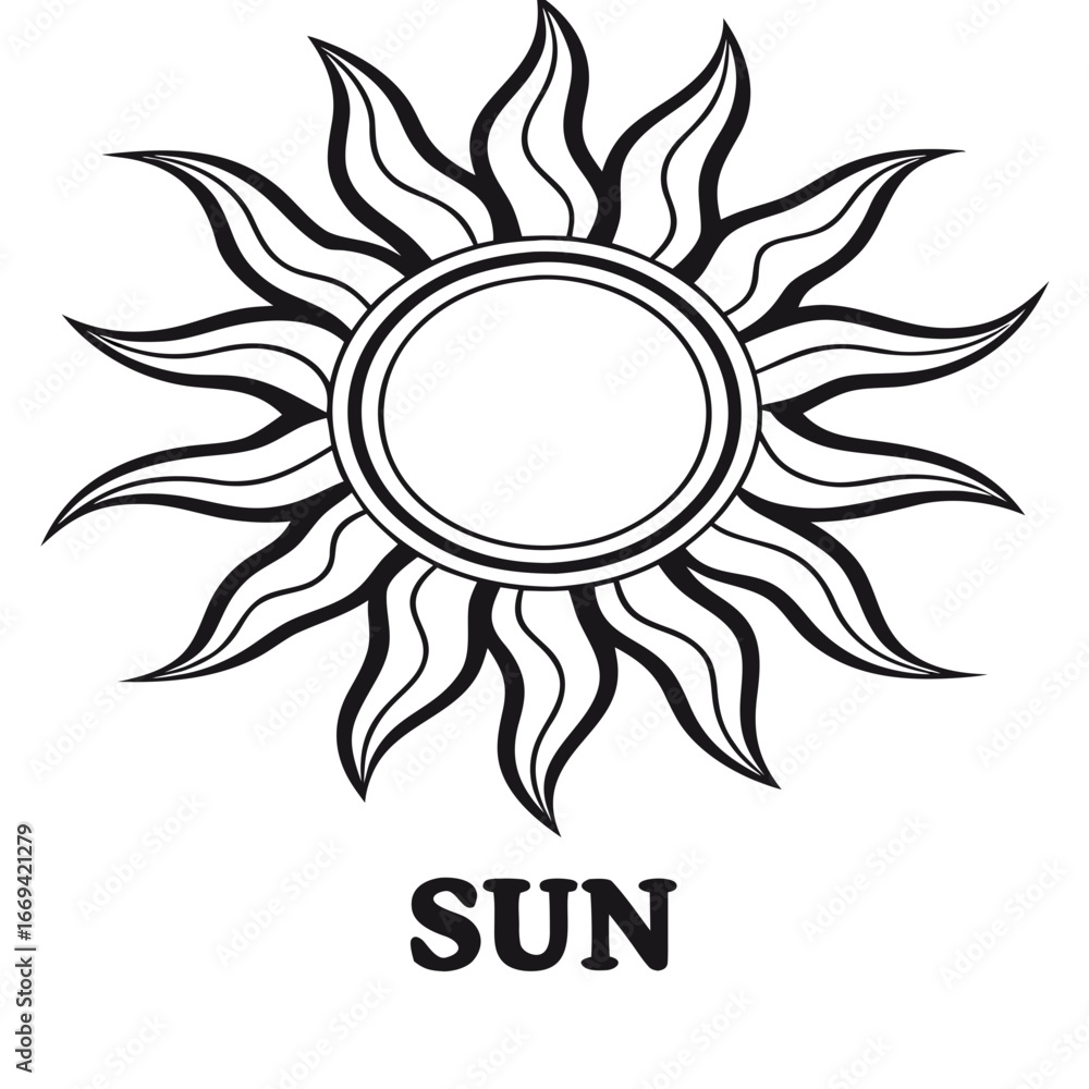 Fototapeta premium Sun Icon Design: This monochrome graphic depicts a radiant sun, its stylized form emanating energy and warmth. A striking visual element, perfect for designs seeking a touch of positivity.