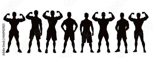 Strong silhouettes display different muscular poses, highlighting the diversity of strength and athleticism. The figures are arranged in a row, emphasizing their physique and power.