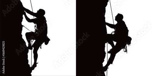 Two climbers are ascending a tall rock face, showcasing their climbing technique and determination against a bright background. The setting emphasizes the thrill of outdoor climbing.