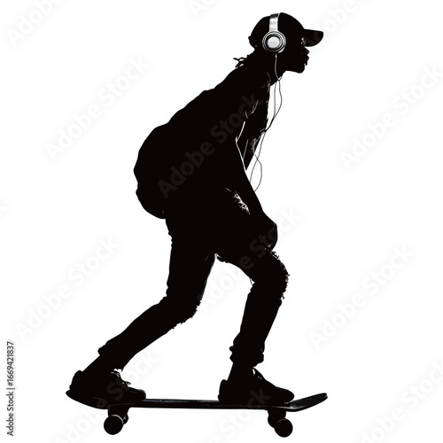 A young person skates on a skateboard, wearing headphones and a cap. The silhouette highlights movement and energy in a vibrant urban environment on a sunny day.