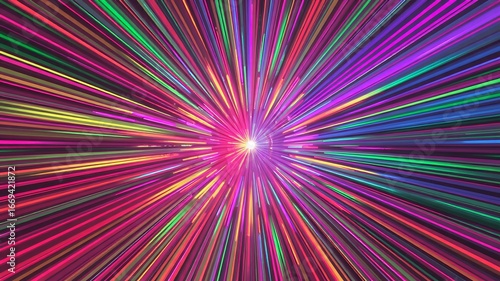 Vibrant burst of neon light streaks moving rapidly towards a central glowing point