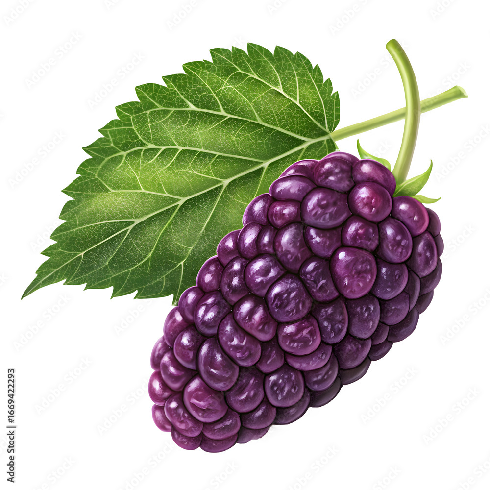 Fototapeta premium Ripe purple mulberry fruit with green leaf isolated on black background