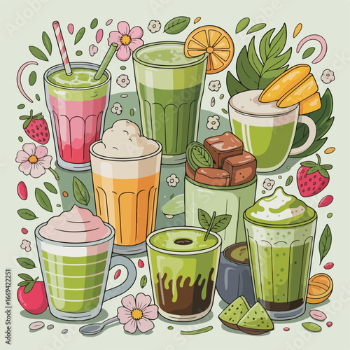 Matcha Drinks Vector Illustration Set – Colorful Flat Cartoon Matcha Latte Collection