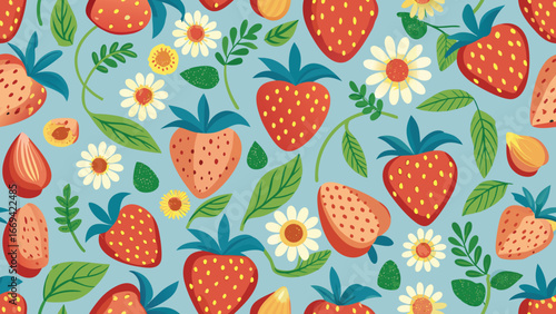 Red strawberries and white daisies scattered on a light blue background strawberry