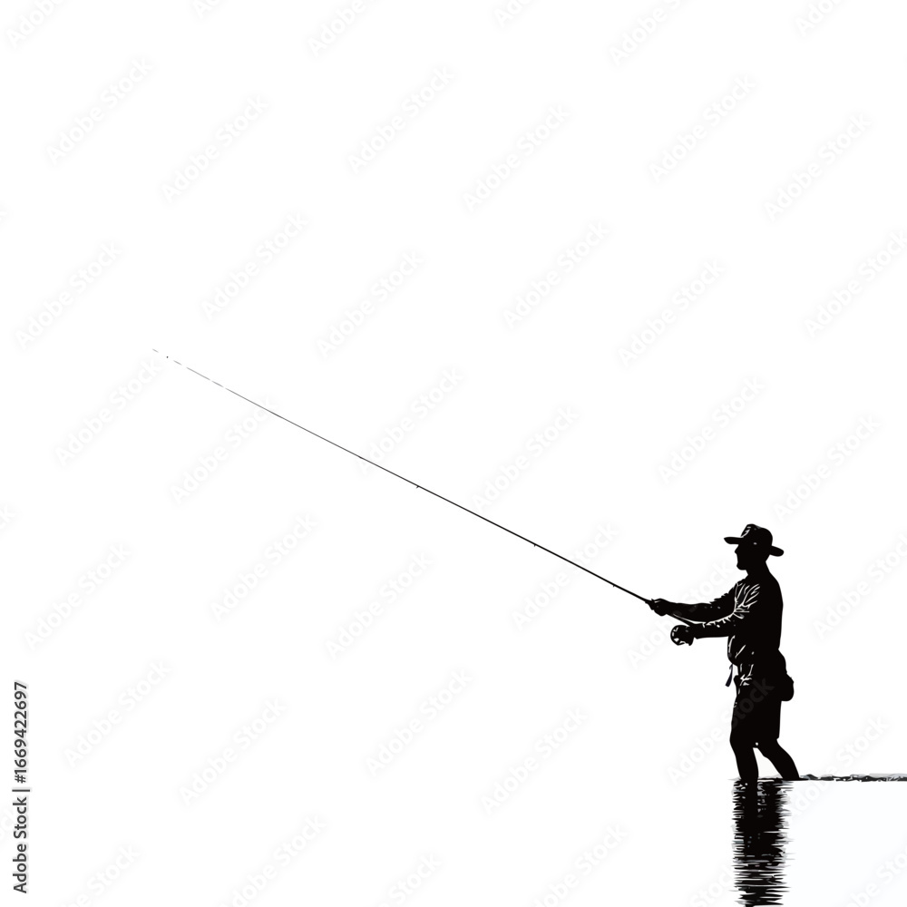 Obraz premium A lone fisherman stands in shallow water, silhouetted against a bright morning sky. He casts his fishing line with careful precision, embracing the tranquility of dawn.