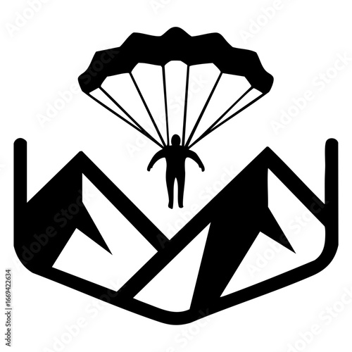 Monochrome wingsuit logo featuring a silhouette flying between mountains