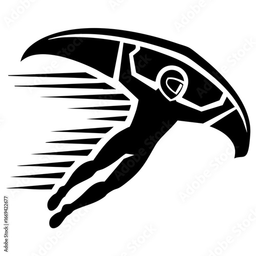 Stylized black and white wingsuit flyer in action, dynamic pose with wind lines