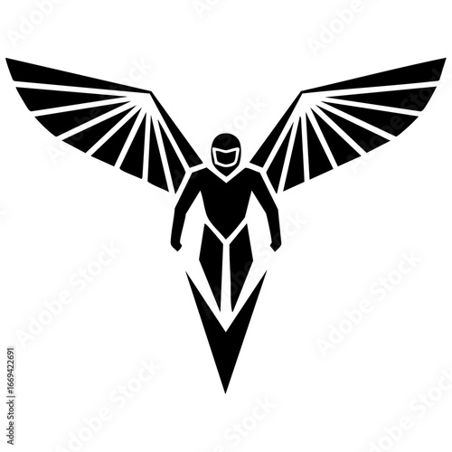 Black and white wingsuit flyer in freefall with sharp wing extensions