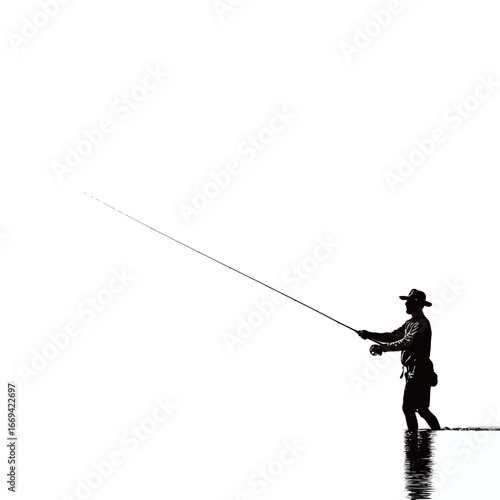 A lone fisherman stands in shallow water, silhouetted against a bright morning sky. He casts his fishing line with careful precision, embracing the tranquility of dawn.