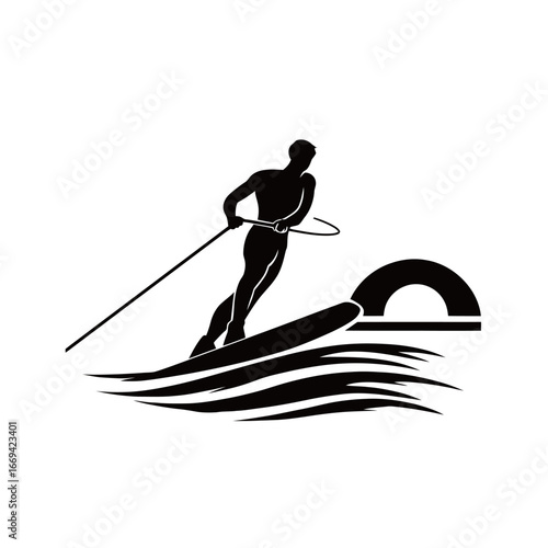 A skilled wakeboarder glides over the smooth surface of the water as the sun sets, creating a beautiful backdrop with a tranquil atmosphere.