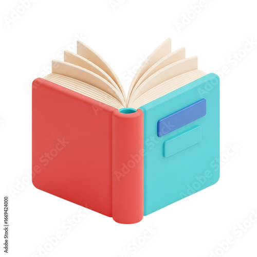 Charming 3d isometric view of an open book with red and blue covers symbolizing knowledge and learning