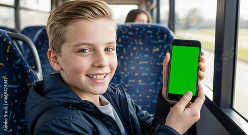 Smiling boy displays green screen phone on bus for your app promo