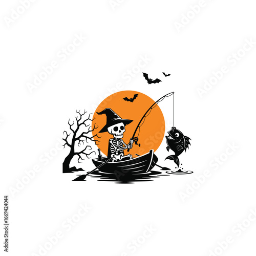 Skeleton fisherman catches a fish in a boat on halloween night isolated on white background