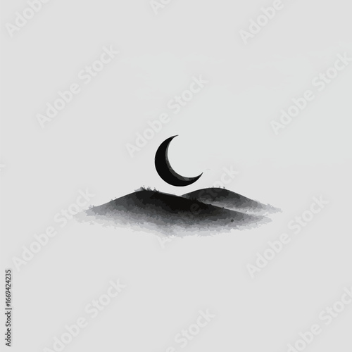 A crescent moon glows softly above rolling hills as twilight settles in, casting a peaceful ambiance across the landscape, inviting calmness and reflection.